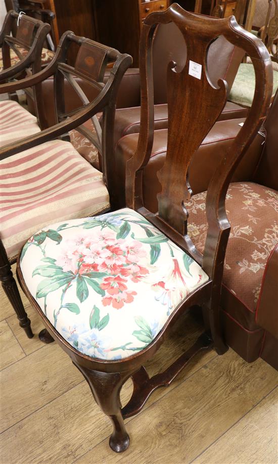 A Queen Anne red walnut single chair, with shaped splat back on cabriole legs with shaped stretcher